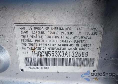 2003 Honda Accord 2.4 Lx from USA, damaged, VIN 1HGCM553X3A132569